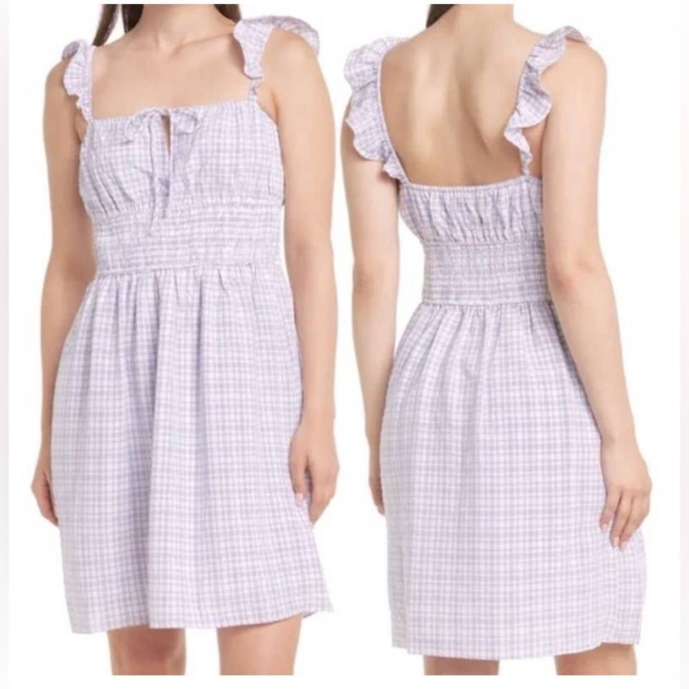 WAYF Purple Gingham Checkered Smocked Waist Flutter Sleeve Midi Dress SZ M NWT